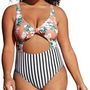 CUPSHE Women's Cut Out Knot One Piece Bathing Suit Floral Stripe Plus Size 0X/14